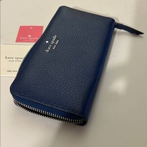 New Kate Spade Sam large continental wallet river blue pebbled leather zip